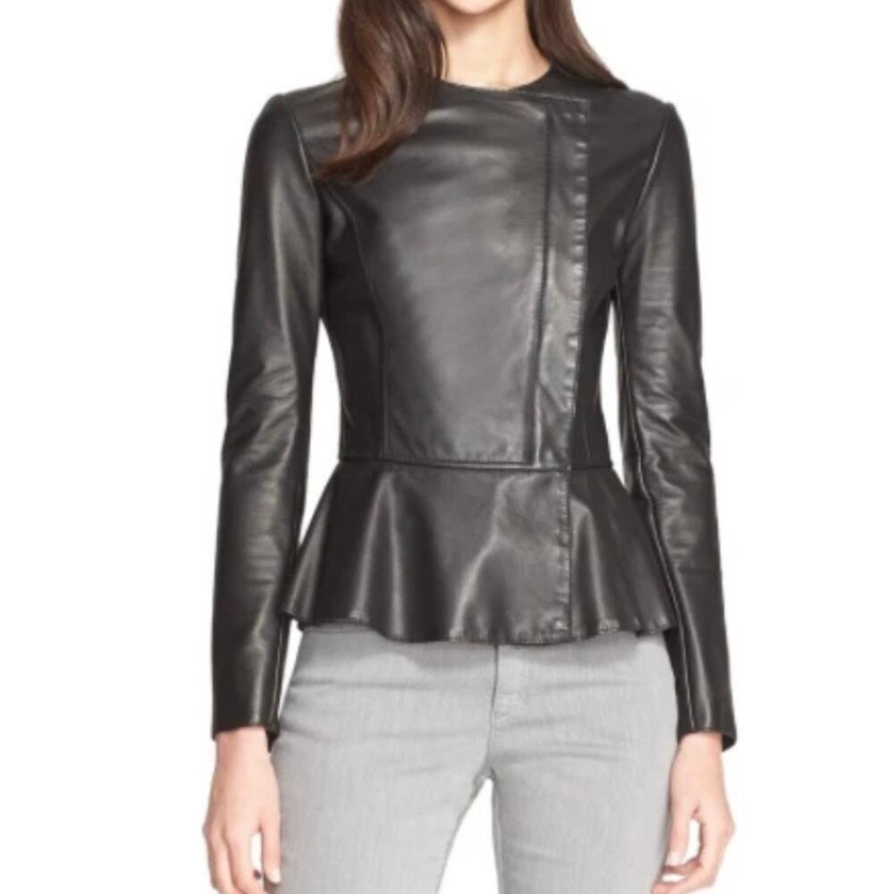 Armani Collezioni Women's Black Lambskin Buttery Soft Leather Peplum Jacket Sz 6